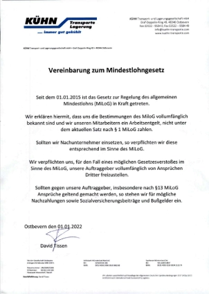 Vereinbarung zum Mindestlohngesetz